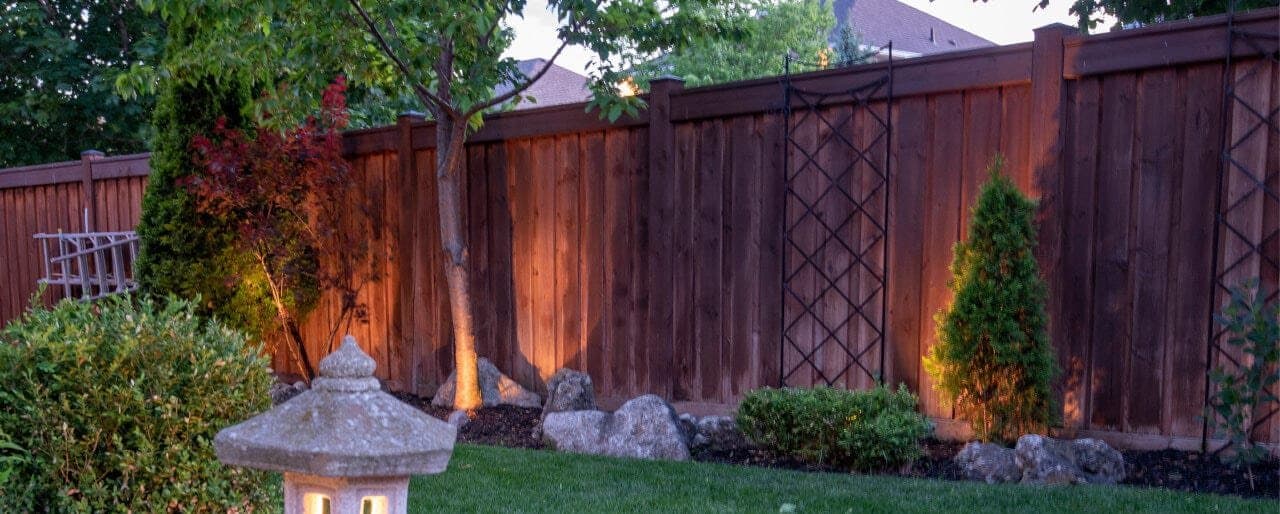 Freshly stained privacy fence at dusk